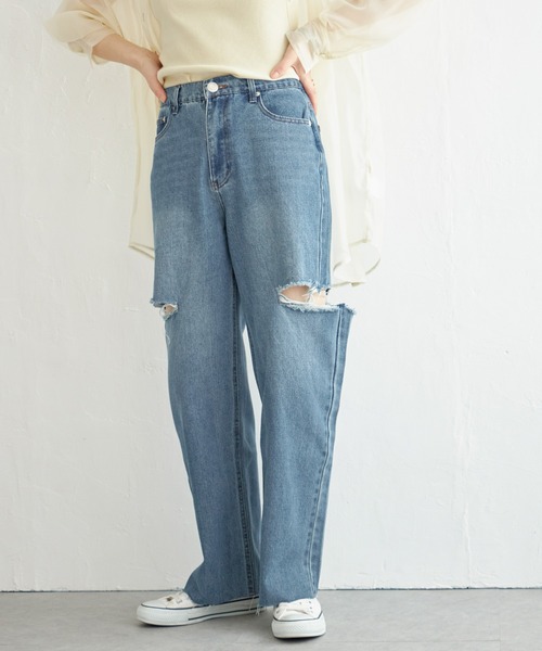 notch.(ノッチ)の「11ozデニムカットスリットパンツ(デニムパンツ・レディース・ライトブルー/ブラック/オフホワイト/ブルー・M)」の10枚目の写真