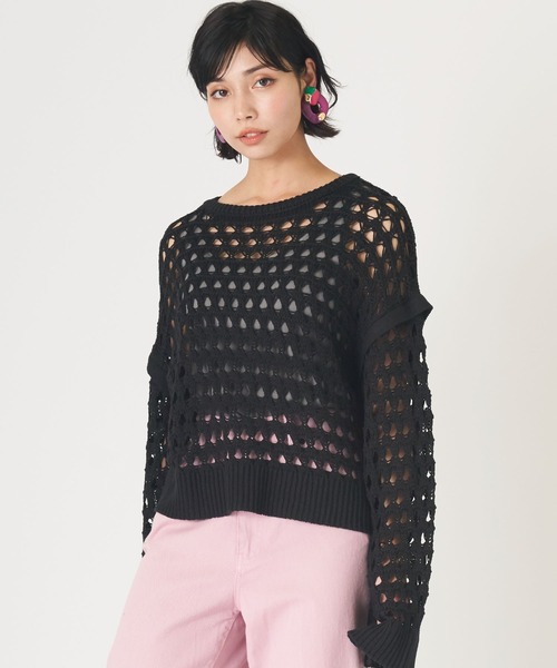 JETSET SOLO PLUS (ジェットセットソロプラス)の「メッシュクロップドルーズニット(ニット/セーター・レディース・カーキ/ブラック/オフホワイト・FREE)」の3枚目の写真