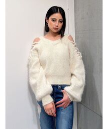 【SET着用可】2WAYショルダーレースアップシャギーニットトップス