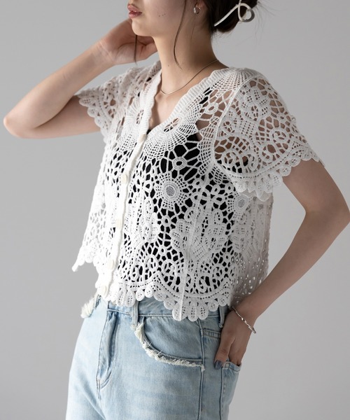 me+em select（ミームセレクト）の「花柄レーススカラップ半袖カーディガン（カーディガン/ボレロ・レディース・ホワイト/ベージュ・FREE）」の16枚目の写真