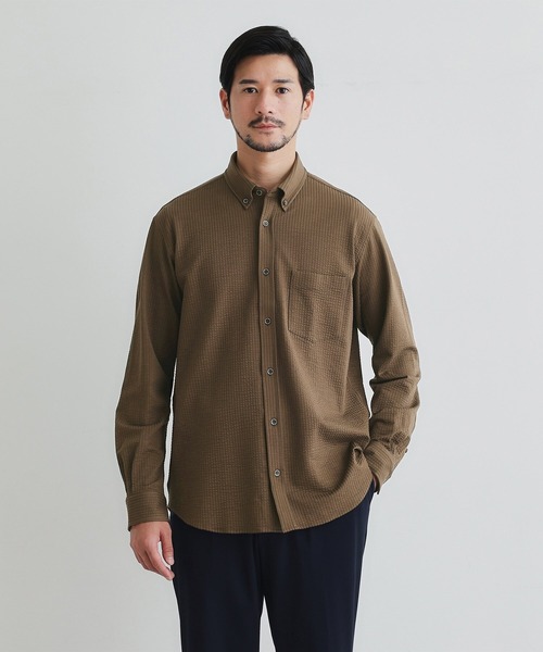 TAKEO KIKUCHI（タケオキクチ）の「【抗菌防臭/シーズンレス】シアサッカー ジャージシャツ（シャツ/ブラウス・メンズ・ボルドー/ライトグリーン/チャコール/ブルー系その他4/グレー/ネイビー系2/ダークグリーン/ブルー/ネイビー/ライトブルー/ライトベージュ/ダークブラウン・04/03/02/01）」の4枚目の写真