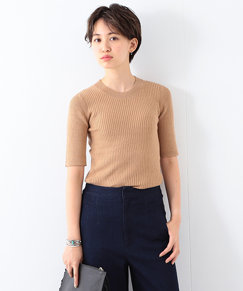 Ray BEAMS(レイビームス)の「Ray BEAMS / リブ 5分袖 クルーネック トップス(ニット/セーター・レディース・ブラック/ベージュ/オリーブ/ネイビー・ONE SIZE)」の2枚目の写真