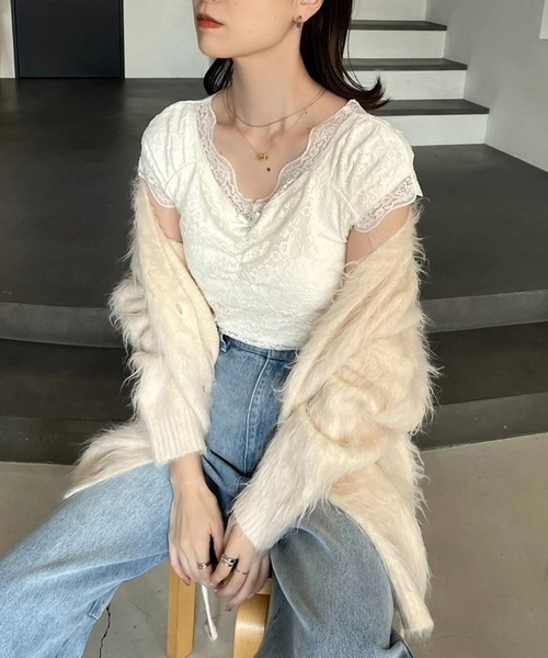 one after another NICE CLAUP（ワンアフターアナザーナイスクラップ）の「Vネックレースインナー（タンクトップ・レディース・ピンクベージュ/オフホワイト/チャコールグレー・FREE）」の8枚目の写真