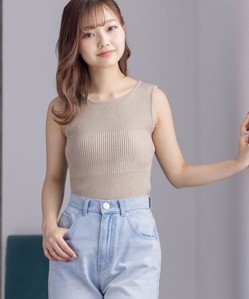 clear(クリア)の「前後2WAYタンクリブニットトップス(タンクトップ・レディース・ブラック/グレイッシュベージュ/ピンク/グリーン/オフホワイト・F)」の1枚目の写真