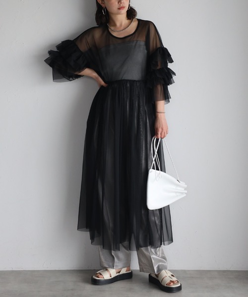 r.（アールドット）の「チュール　フリルスリーブワンピース（ワンピース・レディース・ブラック/アイボリー/グレー/グレイッシュベージュ・FREE）」の15枚目の写真