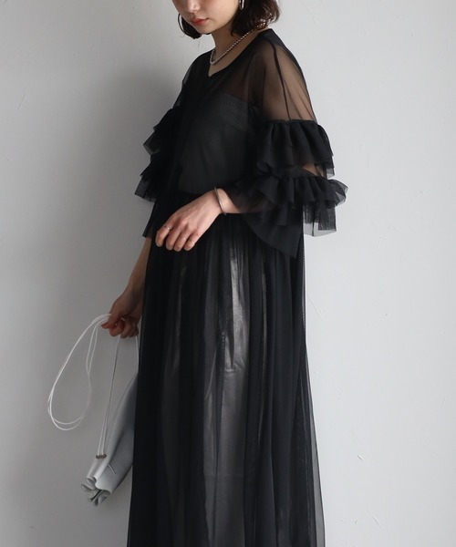 r.（アールドット）の「チュール　フリルスリーブワンピース（ワンピース・レディース・ブラック/アイボリー/グレー/グレイッシュベージュ・FREE）」の19枚目の写真