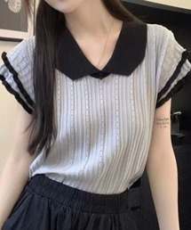 配色えり付き半袖ニットプルオーバー