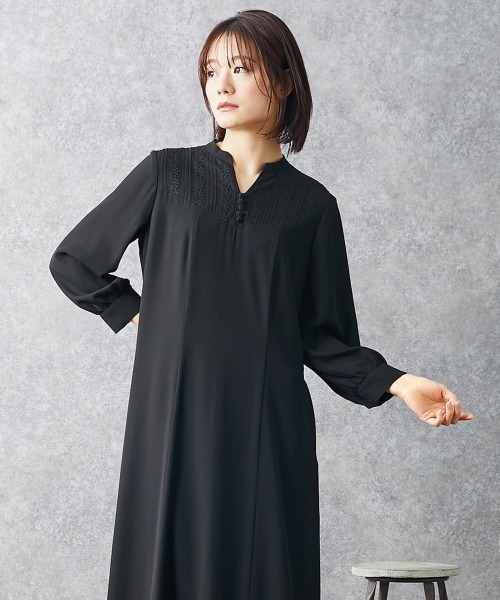 【販売終了】【喪服・礼服】日本製生地使用　洗える防しわレース切り替えワンピース 大きいサイズ有 〔Neina〕