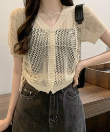 透かし編みニットカーディガン ショート丈