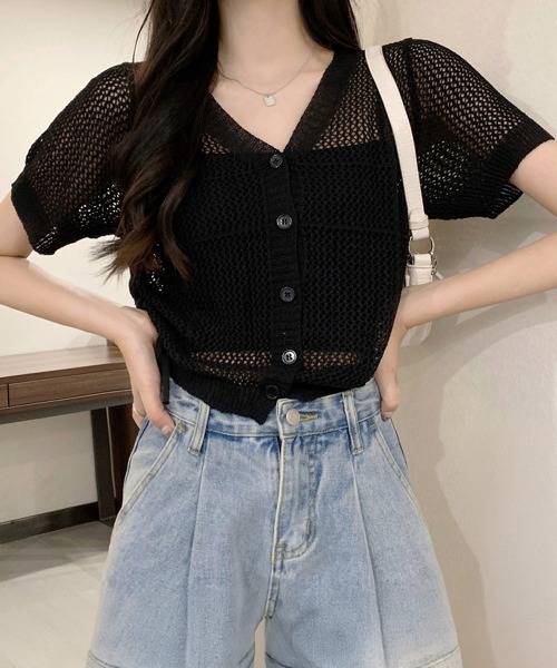 Miniministore(ミニミニストア)の「透かし編みニットカーディガン ショート丈(カーディガン/ボレロ・レディース・ブラック/ホワイト/ベージュ・FREE)」の4枚目の写真