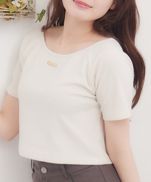 ems excite(エムズエキサイト)の「プレート付きボートネックCT(Tシャツ/カットソー・レディース・ナチュラル/チャコールグレー/ブラック系その他3/ピンク・FREE)」の3枚目の写真