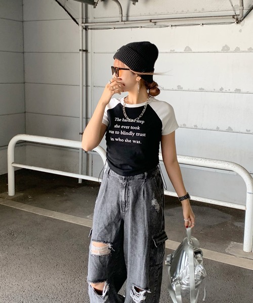 RECTO クロップド丈 ロゴTシャツ 楽天市場】クロップド丈ロールアッププリントTシャツ レディース