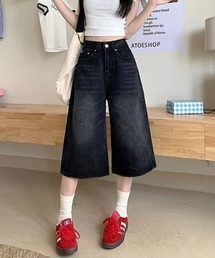 ヴィンテージ　ウォッシュワイド7分デニムパンツ ハイウエストレディース