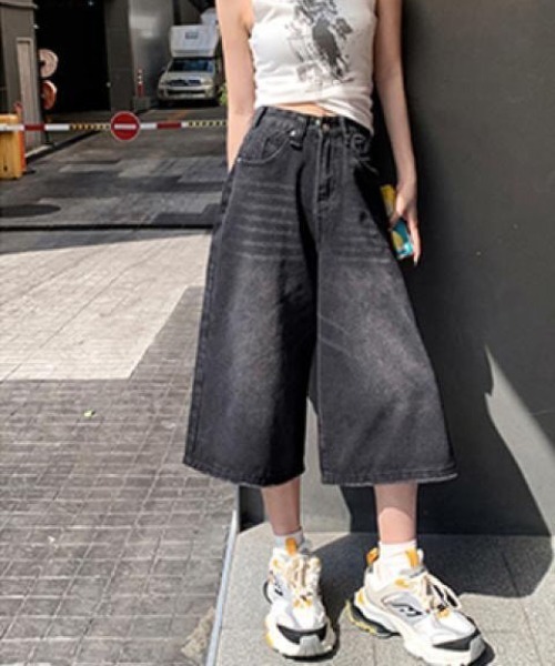 gossip!ロサンゼルス(ゴシップロサンゼルス)の「ヴィンテージ ウォッシュワイド7分デニムパンツ ハイウエストレディース(デニムパンツ・レディース・ブラック・S/M)」の9枚目の写真