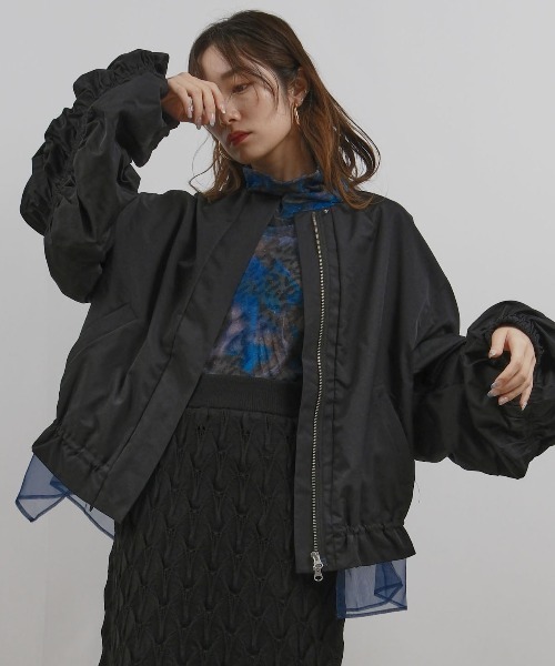 【新品】Eimee Law サイドライン レース ブルゾン ネイビー 甘辛MIX 新品】Eimee Law サイドライン レース ブルゾン ネイビー 甘辛MIX