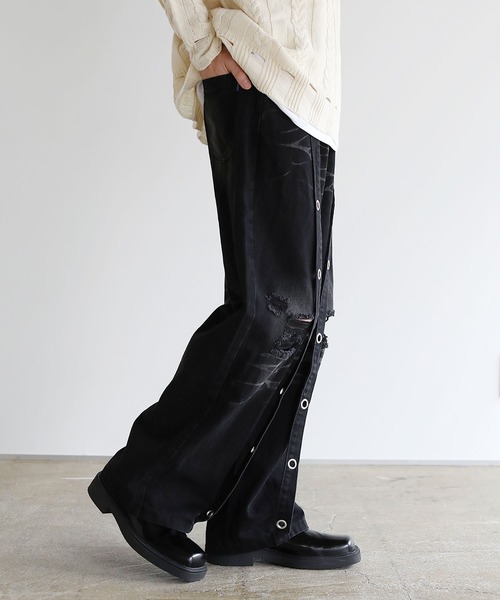 ヴィンテージ加工クラッシュサスペンダーデニム（デニムパンツ  