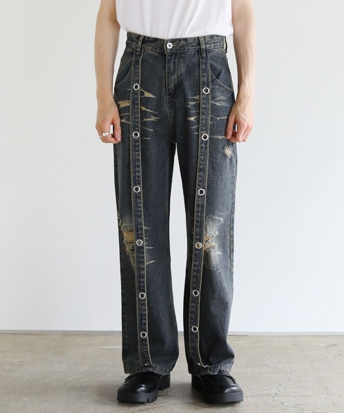 ヴィンテージ加工クラッシュサスペンダーデニム（デニムパンツ  