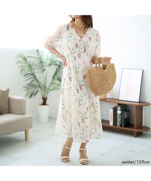 Vネック シフォン 花柄 ワンピース 七分袖 ミディアム丈 cr9344 Vネック シフォン 花柄 ワンピース 七分袖 ミディアム丈 cr9344