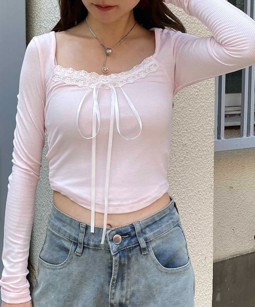 NANEA（ナネア）の「フロントリボン＆レース　スクエアネックカットソー（Tシャツ/カットソー・レディース・ブラック/ピンク・LARGE/MEDIUM/SMALL）」の4枚目の写真