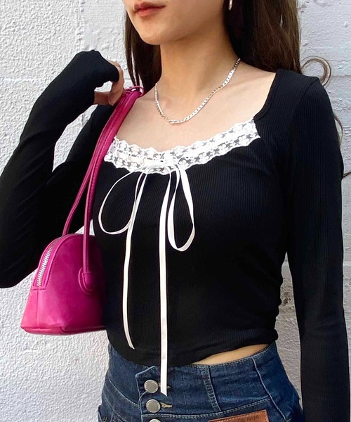NANEA（ナネア）の「フロントリボン＆レース　スクエアネックカットソー（Tシャツ/カットソー・レディース・ブラック/ピンク・LARGE/MEDIUM/SMALL）」の14枚目の写真
