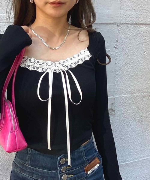 NANEA（ナネア）の「フロントリボン＆レース　スクエアネックカットソー（Tシャツ/カットソー・レディース・ブラック/ピンク・LARGE/MEDIUM/SMALL）」の15枚目の写真