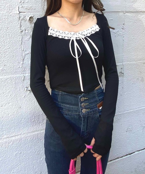 NANEA（ナネア）の「フロントリボン＆レース　スクエアネックカットソー（Tシャツ/カットソー・レディース・ブラック/ピンク・LARGE/MEDIUM/SMALL）」の16枚目の写真