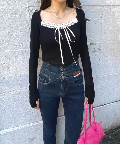 NANEA（ナネア）の「フロントリボン＆レース　スクエアネックカットソー（Tシャツ/カットソー・レディース・ブラック/ピンク・LARGE/MEDIUM/SMALL）」の18枚目の写真