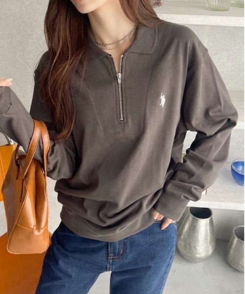 U.S. POLO ASSN.(ユーエスポロアッスン)の「U.S. POLO ASSN. Ada.別注 長袖 ハーフジップ ヘビーウェイト ポロシャツ スウェット(スウェット・レディース・アイボリー/グレー/ライトグレー/ブラック/ネイビー・L/M/S)」の4枚目の写真