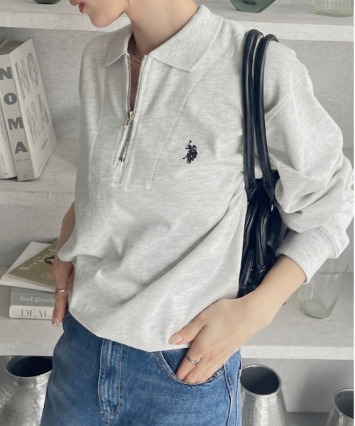 U.S. POLO ASSN.(ユーエスポロアッスン)の「U.S. POLO ASSN. Ada.別注 長袖 ハーフジップ ヘビーウェイト ポロシャツ スウェット(スウェット・レディース・アイボリー/グレー/ライトグレー/ブラック/ネイビー・L/M/S)」の1枚目の写真