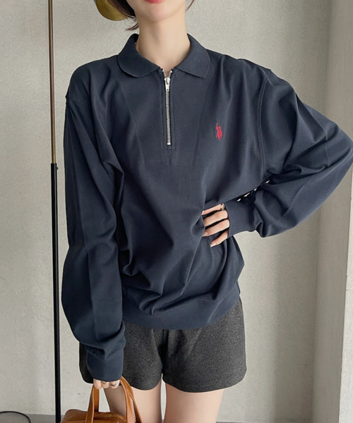 U.S. POLO ASSN.(ユーエスポロアッスン)の「U.S. POLO ASSN. Ada.別注 長袖 ハーフジップ ヘビーウェイト ポロシャツ スウェット(スウェット・レディース・アイボリー/グレー/ライトグレー/ブラック/ネイビー・L/M/S)」の8枚目の写真