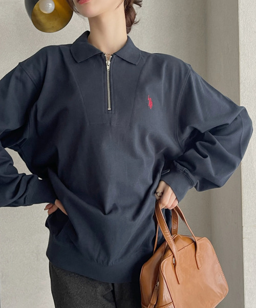U.S. POLO ASSN.(ユーエスポロアッスン)の「U.S. POLO ASSN. Ada.別注 長袖 ハーフジップ ヘビーウェイト ポロシャツ スウェット(スウェット・レディース・アイボリー/グレー/ライトグレー/ブラック/ネイビー・L/M/S)」の10枚目の写真