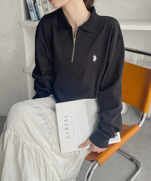 U.S. POLO ASSN.(ユーエスポロアッスン)の「U.S. POLO ASSN. Ada.別注 長袖 ハーフジップ ヘビーウェイト ポロシャツ スウェット(スウェット・レディース・アイボリー/グレー/ライトグレー/ブラック/ネイビー・L/M/S)」の7枚目の写真