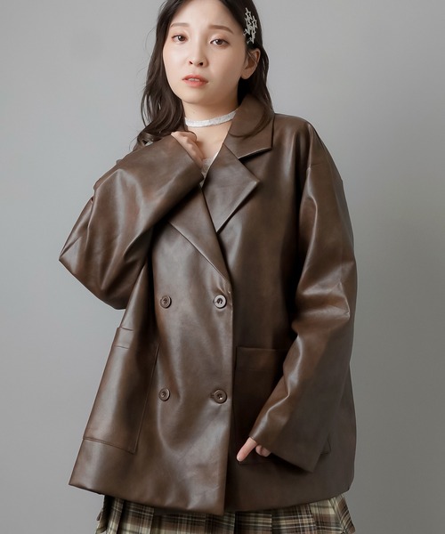 SPINNS（スピンズ）の「合成皮革ダブルテーラードジャケット（テーラードジャケット・レディース・ブラック/ブラウン・ONESIZE）」の4枚目の写真