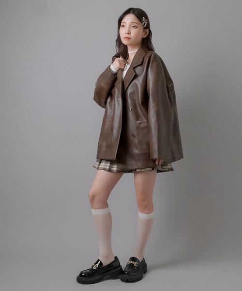 SPINNS（スピンズ）の「合成皮革ダブルテーラードジャケット（テーラードジャケット・レディース・ブラック/ブラウン・ONESIZE）」の10枚目の写真