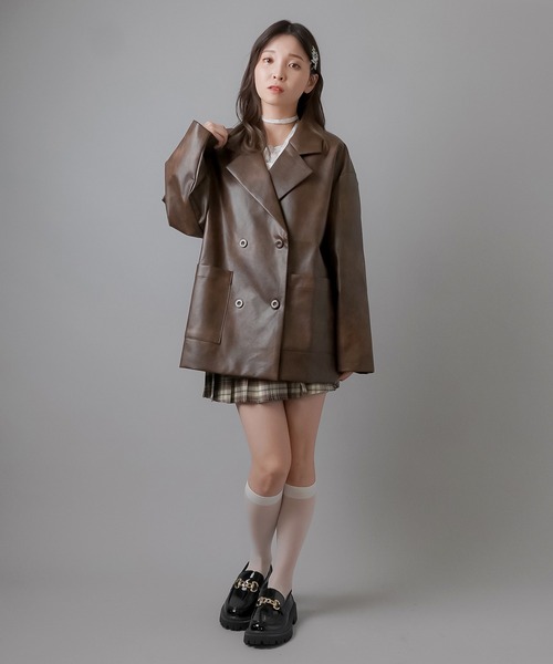 SPINNS（スピンズ）の「合成皮革ダブルテーラードジャケット（テーラードジャケット・レディース・ブラック/ブラウン・ONESIZE）」の8枚目の写真