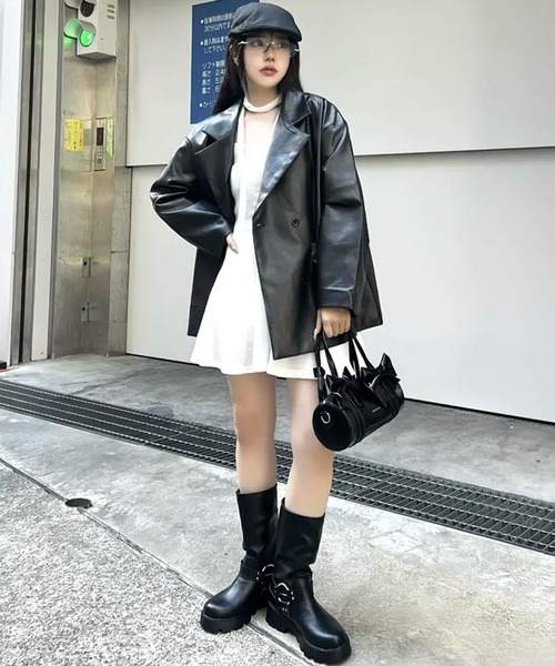 SPINNS（スピンズ）の「合成皮革ダブルテーラードジャケット（テーラードジャケット・レディース・ブラック/ブラウン・ONESIZE）」の15枚目の写真