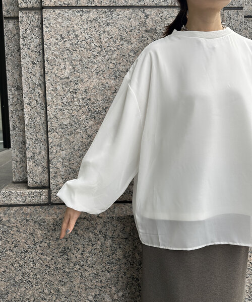 DouDou(ドゥドゥ)の「【WEB限定】裏毛×シフォンレイヤードプルオーバー(Tシャツ/カットソー・レディース・オフホワイト/ブラック/グレイッシュベージュ・FREE)」の8枚目の写真