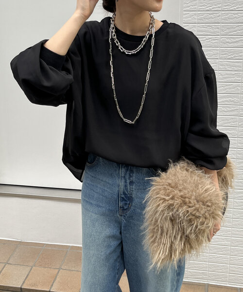 DouDou(ドゥドゥ)の「【WEB限定】裏毛×シフォンレイヤードプルオーバー(Tシャツ/カットソー・レディース・オフホワイト/ブラック/グレイッシュベージュ・FREE)」の19枚目の写真