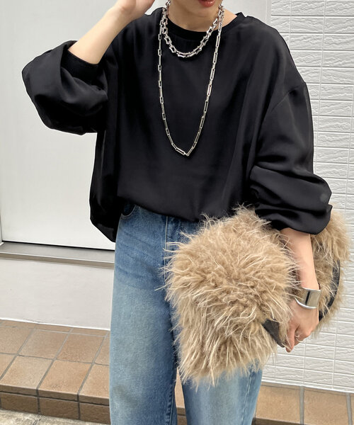 DouDou(ドゥドゥ)の「【WEB限定】裏毛×シフォンレイヤードプルオーバー(Tシャツ/カットソー・レディース・オフホワイト/ブラック/グレイッシュベージュ・FREE)」の20枚目の写真