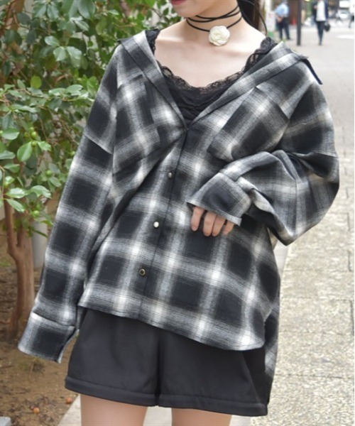 axes femme(アクシーズファム)の「チェック柄ロングシャツ(シャツ/ブラウス・レディース・ブラック/ブラウン/ベージュ・FREE)」の1枚目の写真