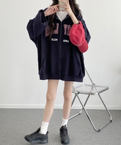 VIVID LADY(ビビッドレディー)の「【裏起毛が登場!】 ジップアップパーカー 長袖 スウェット 韓国ファッション(パーカー・レディース・ホワイト/ブラック/ネイビー/グレー・FREE)」の15枚目の写真