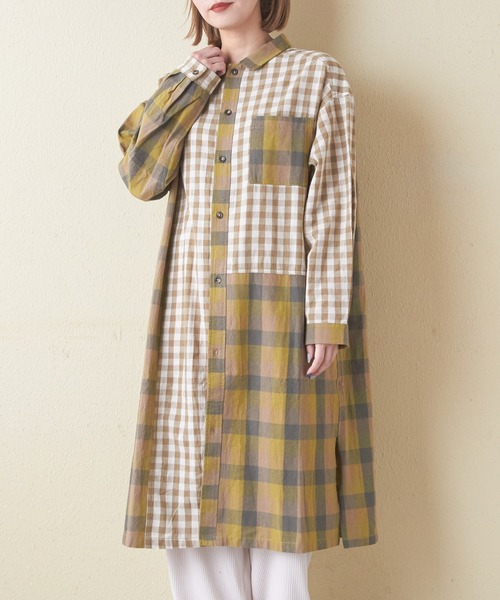 CUBE SUGAR（キューブシュガー）の「ギンガムチェック組合せ切替シャツワンピース（シャツワンピース・レディース・カーキ/ブラック/ブルー・M）」の2枚目の写真
