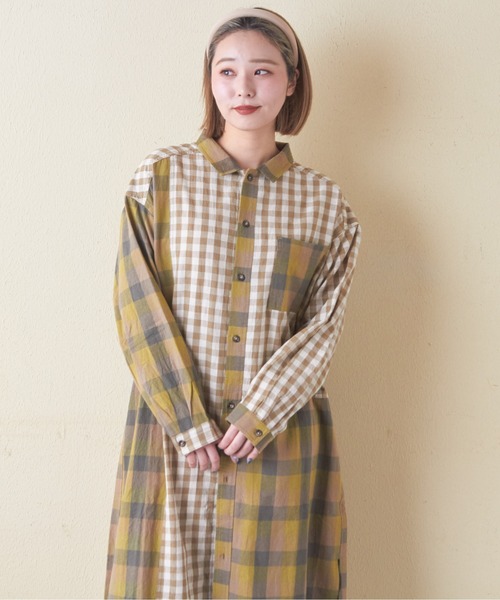 CUBE SUGAR（キューブシュガー）の「ギンガムチェック組合せ切替シャツワンピース（シャツワンピース・レディース・カーキ/ブラック/ブルー・M）」の5枚目の写真