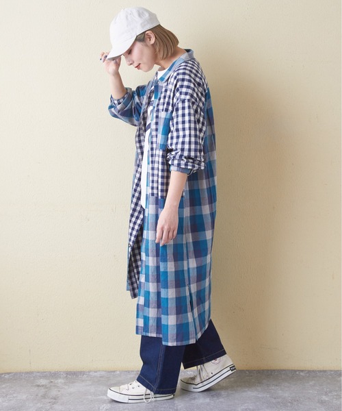 CUBE SUGAR（キューブシュガー）の「ギンガムチェック組合せ切替シャツワンピース（シャツワンピース・レディース・カーキ/ブラック/ブルー・M）」の12枚目の写真