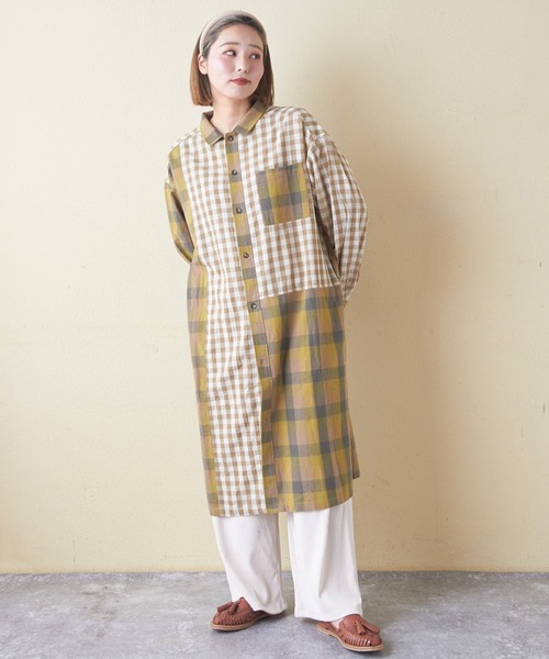 CUBE SUGAR（キューブシュガー）の「ギンガムチェック組合せ切替シャツワンピース（シャツワンピース・レディース・カーキ/ブラック/ブルー・M）」の6枚目の写真