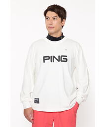 新品　春ニット　PING　クルーネック　ニット　LL　ホワイト セール】 編地切替配色クルーネックニット（オフホワイト/グレー
