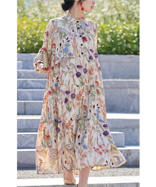 新品　cawaii （カワイイ） 季節を彩る花集めティアードロングワンピース 季節を彩る花集めティアードロングワンピース（紐リボン付き