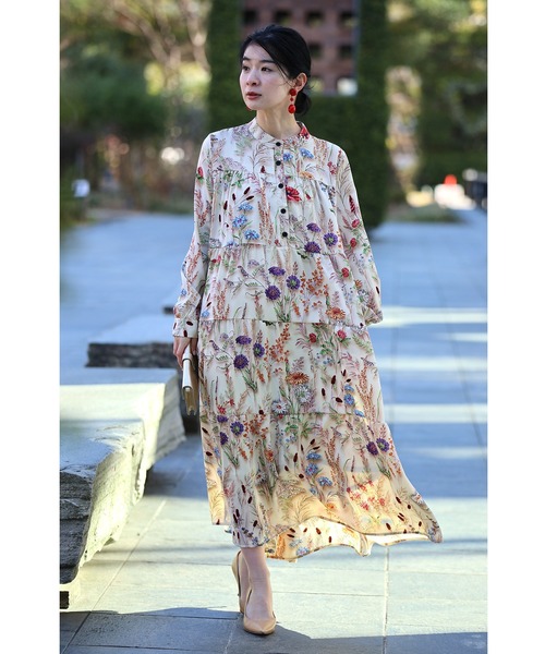 新品　cawaii （カワイイ） 季節を彩る花集めティアードロングワンピース 季節を彩る花集めティアードロングワンピース（紐リボン付き