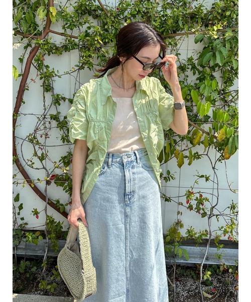 Ungrid（アングリッド）の「ギャザーデザインハーフスリーブシャツ（シャツ/ブラウス・レディース・グリーン系その他/オレンジ/オフホワイト/ブルー・SMALL/MEDIUM/FREE）」の3枚目の写真