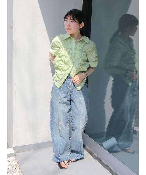 Ungrid（アングリッド）の「ギャザーデザインハーフスリーブシャツ（シャツ/ブラウス・レディース・グリーン系その他/オレンジ/オフホワイト/ブルー・SMALL/MEDIUM/FREE）」の14枚目の写真